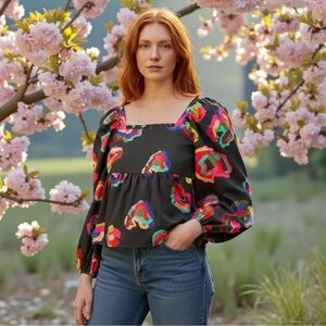 Crosby by Mollie Burch Women's Multicolor Mosaic Print Peplum Blouse In Size XS